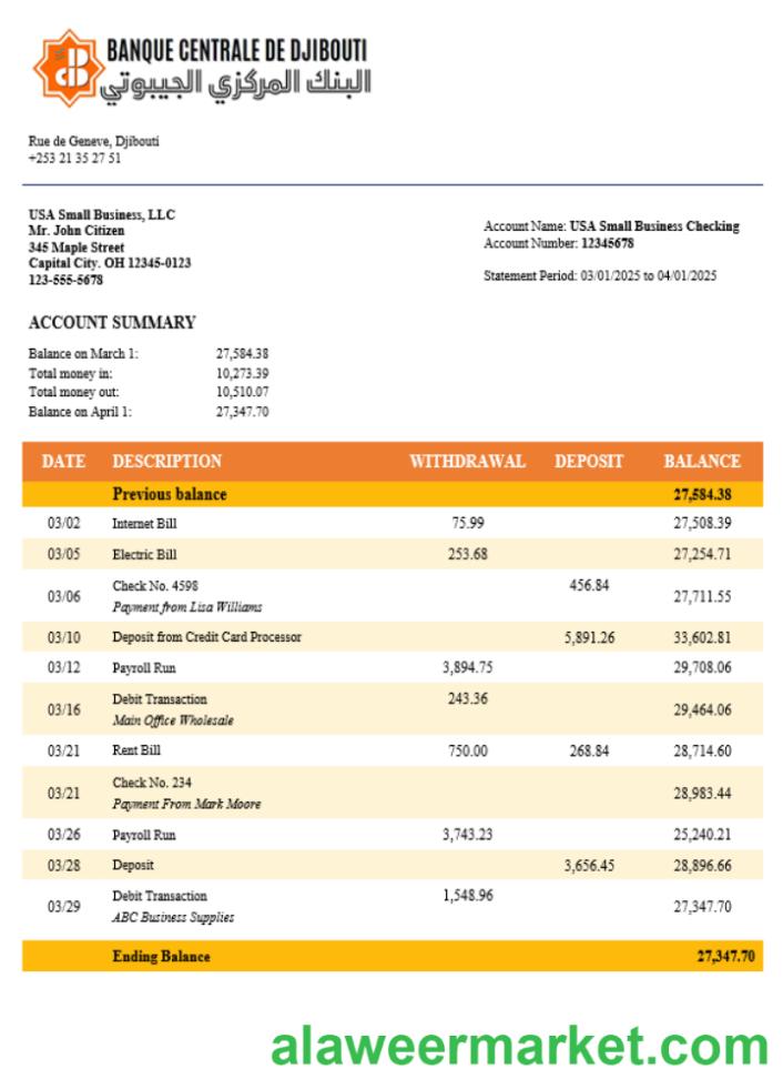 Central Bank of Djiboutian company checking account statement Word and PDF template